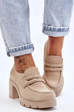 Półbuty Skórzane></noscript>Boto Zamszowe Półbuty Na Słupku I Platformie Jasnobeżowe Lemar Arabell