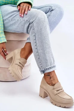 Półbuty Skórzane></noscript>Boto Zamszowe Półbuty Na Słupku I Platformie Jasnobeżowe Lemar Arabell