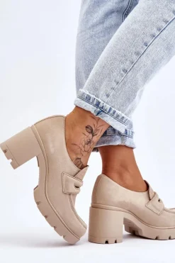 Półbuty Skórzane></noscript>Boto Zamszowe Półbuty Na Słupku I Platformie Jasnobeżowe Lemar Arabell