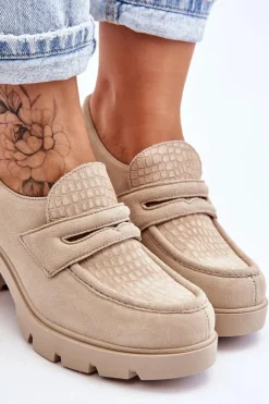 Półbuty Skórzane></noscript>Boto Zamszowe Półbuty Na Słupku I Platformie Jasnobeżowe Lemar Arabell