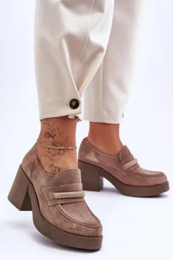Sale Zamszowe Półbuty Na Słupku Z Ozdobą Beżowe Lemar Gelanor Damskie Półbuty Skórzane