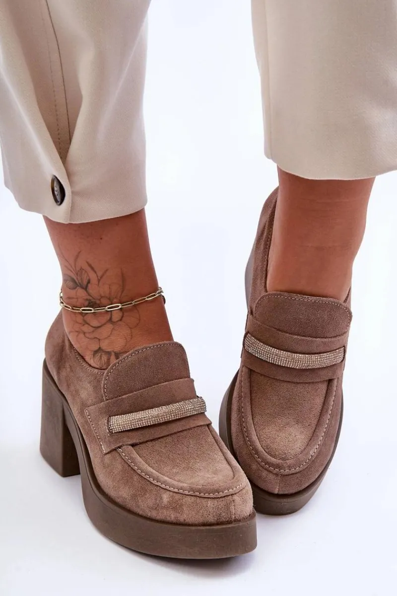 Sale Zamszowe Półbuty Na Słupku Z Ozdobą Beżowe Lemar Gelanor Damskie Półbuty Skórzane