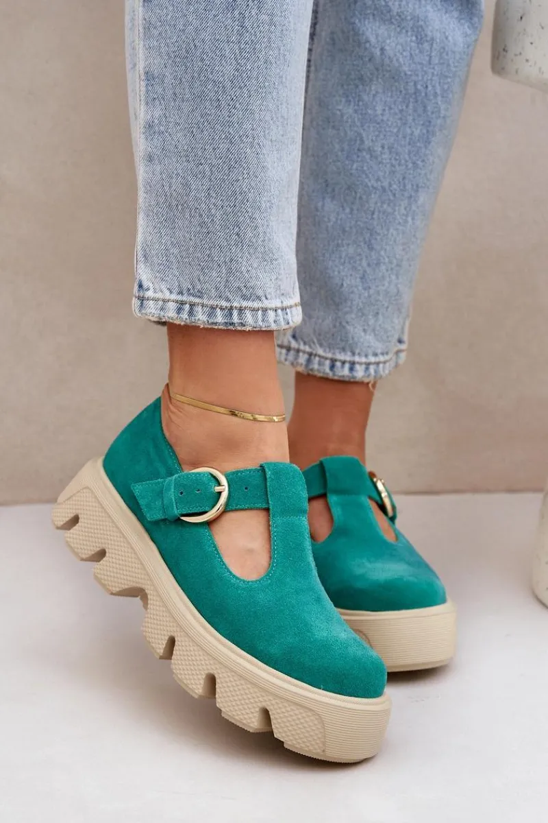 Półbuty Skórzane>Zazoo Zamszowe Półbuty Z Klamrą 20183 Zielone Zielony