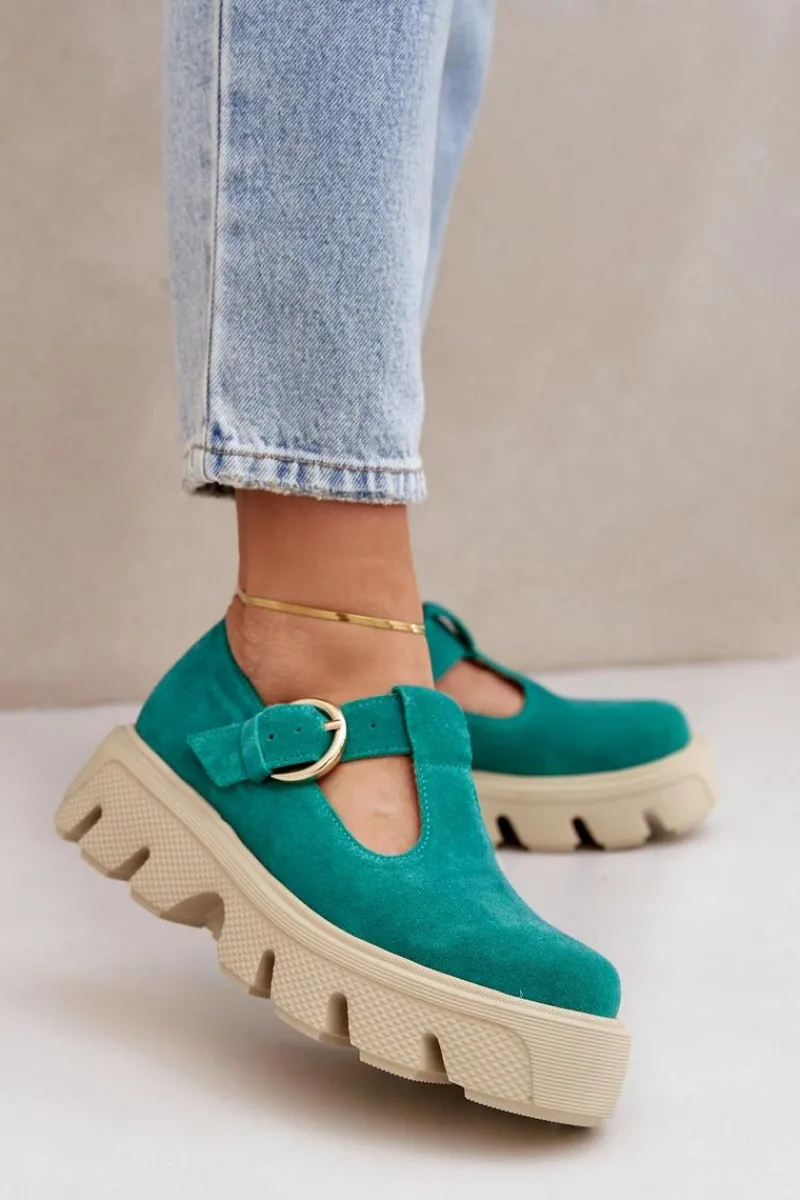 Półbuty Skórzane>Zazoo Zamszowe Półbuty Z Klamrą 20183 Zielone Zielony