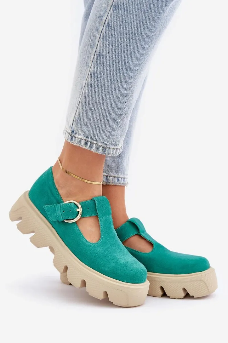 Półbuty Skórzane>Zazoo Zamszowe Półbuty Z Klamrą 20183 Zielone Zielony