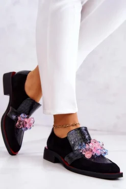 Outlet Zamszowe Półbuty Z Ozdobą Czarno-Czerwone Davine Damskie Półbuty Skórzane