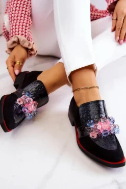 Outlet Zamszowe Półbuty Z Ozdobą Czarno-Czerwone Davine Damskie Półbuty Skórzane