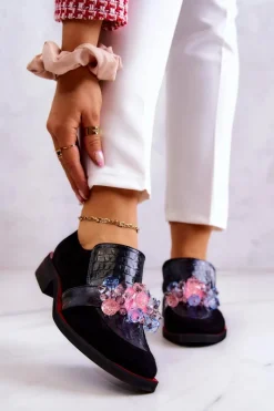 Outlet Zamszowe Półbuty Z Ozdobą Czarno-Czerwone Davine Damskie Półbuty Skórzane