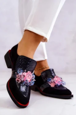 Outlet Zamszowe Półbuty Z Ozdobą Czarno-Czerwone Davine Damskie Półbuty Skórzane