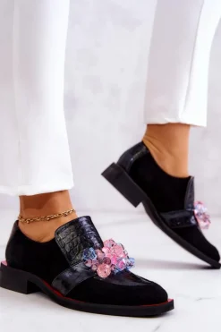 Outlet Zamszowe Półbuty Z Ozdobą Czarno-Czerwone Davine Damskie Półbuty Skórzane