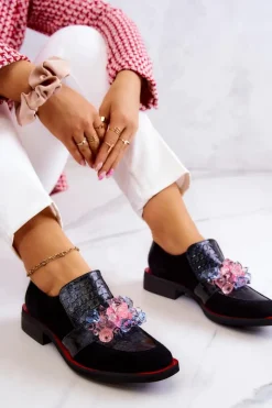 Outlet Zamszowe Półbuty Z Ozdobą Czarno-Czerwone Davine Damskie Półbuty Skórzane