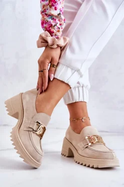 Boto Zamszowe Półbuty Ze Złotą Ozdobą Jasnobeżowe Idealize