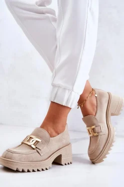 Boto Zamszowe Półbuty Ze Złotą Ozdobą Jasnobeżowe Idealize