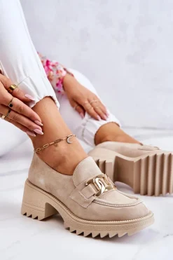Boto Zamszowe Półbuty Ze Złotą Ozdobą Jasnobeżowe Idealize