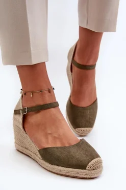 Outlet Zamszowe Sandałki Espadryle Na Koturnie Zielone Cammer Damskie Sandały Na Koturnie