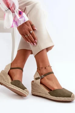 Outlet Zamszowe Sandałki Espadryle Na Koturnie Zielone Cammer Damskie Sandały Na Koturnie