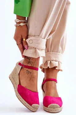 Boto Zamszowe Sandałki Espadryle Na Koturnie Fuksja Cammer