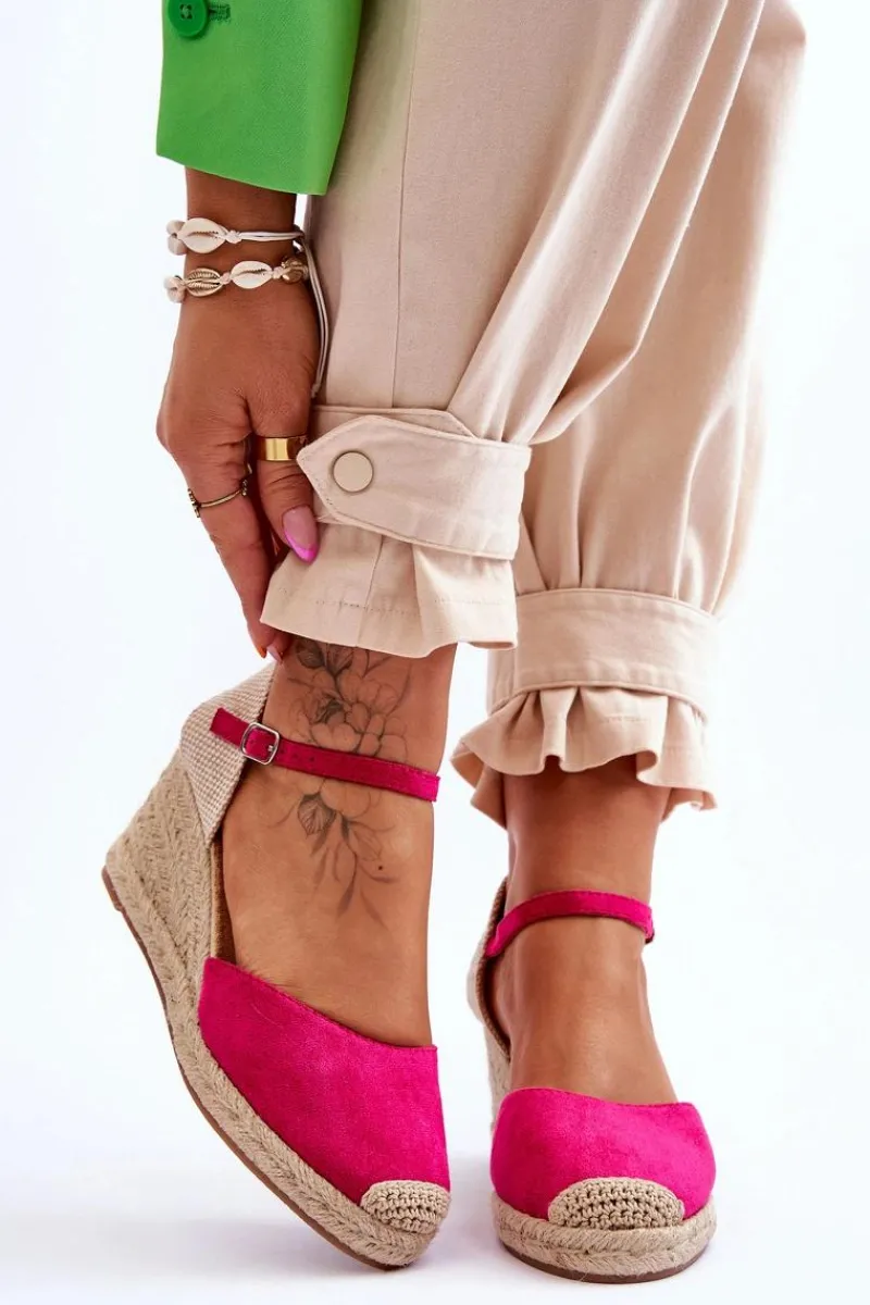 Boto Zamszowe Sandałki Espadryle Na Koturnie Fuksja Cammer
