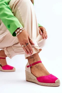 Boto Zamszowe Sandałki Espadryle Na Koturnie Fuksja Cammer