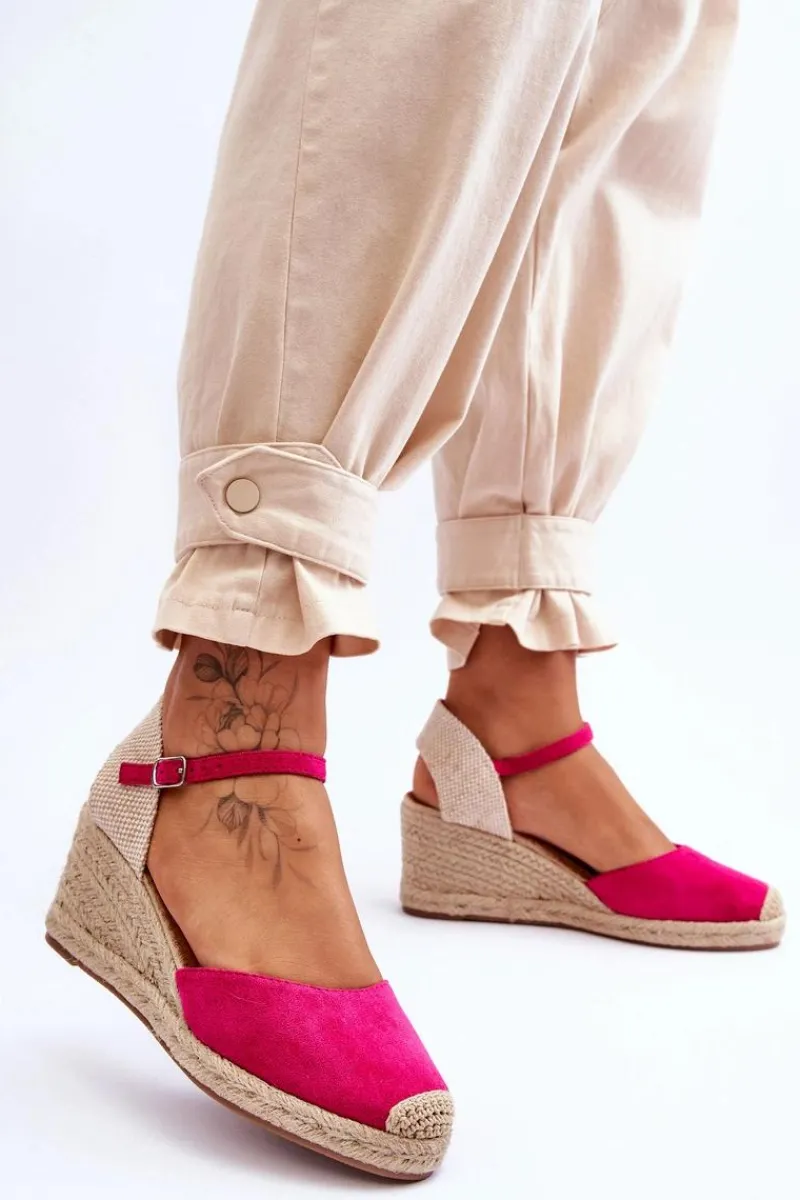 Boto Zamszowe Sandałki Espadryle Na Koturnie Fuksja Cammer