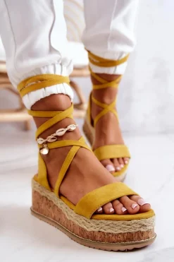 Best Zamszowe Sandałki Espadryle Na Koturnie Żółte Shanny Damskie Sandały Na Koturnie