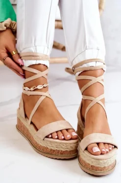 Boto Zamszowe Sandałki Espadryle Na Koturnie Beżowe Shanny