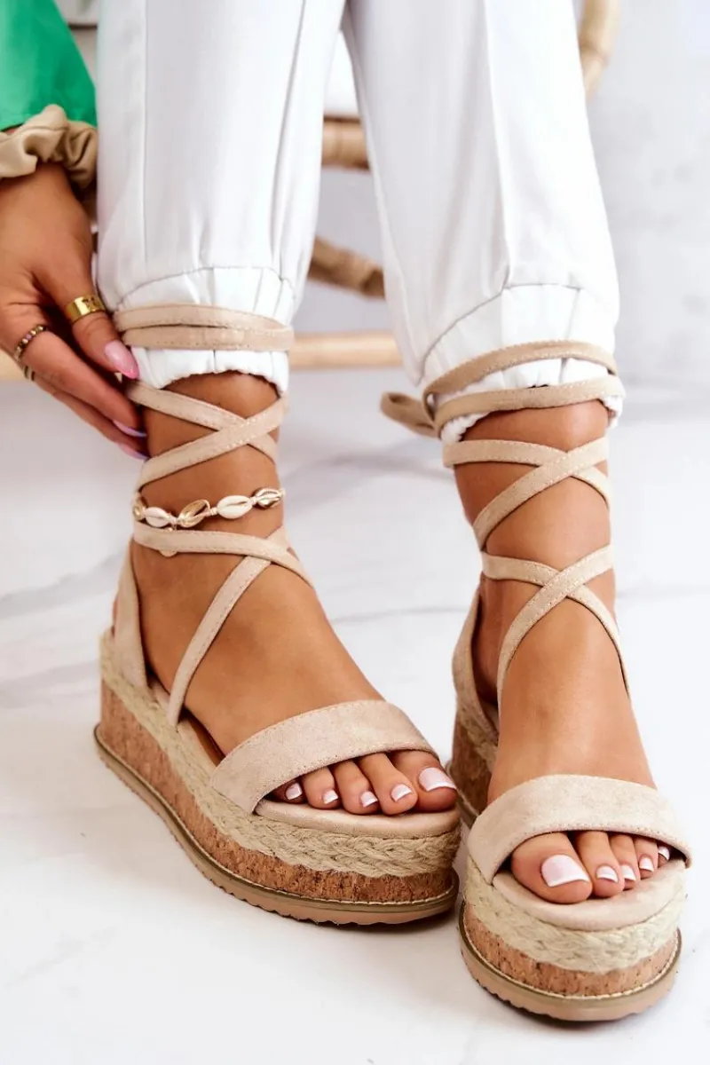 Boto Zamszowe Sandałki Espadryle Na Koturnie Beżowe Shanny