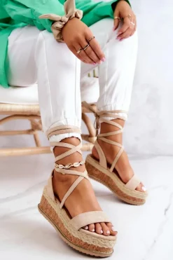 Boto Zamszowe Sandałki Espadryle Na Koturnie Beżowe Shanny