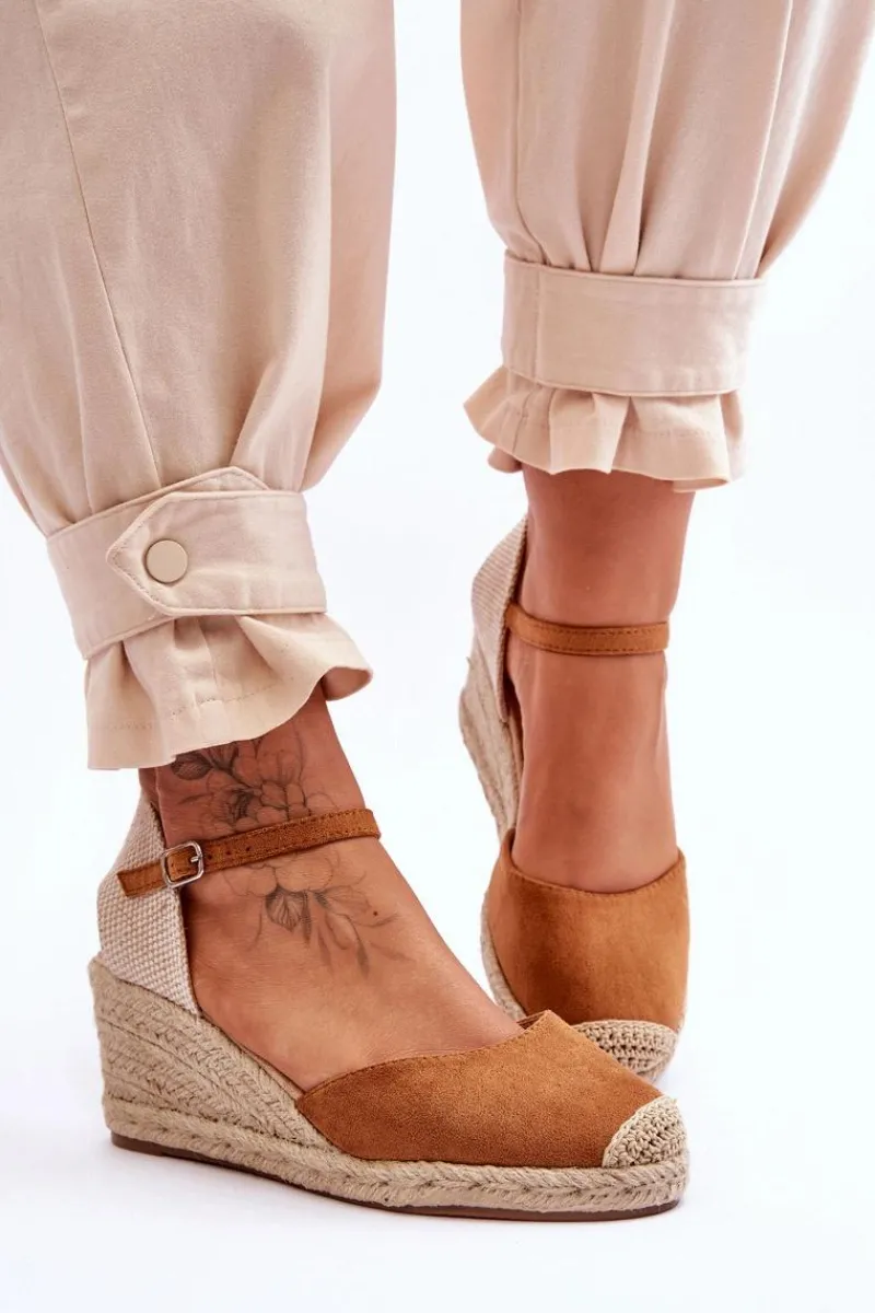 Hot Zamszowe Sandałki Espadryle Na Koturnie Camel Cammer Damskie Sandały Na Koturnie