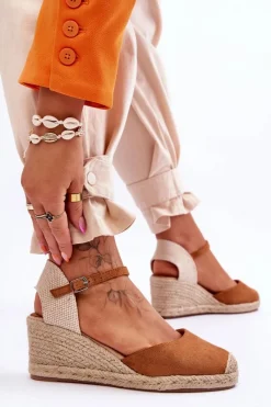 Hot Zamszowe Sandałki Espadryle Na Koturnie Camel Cammer Damskie Sandały Na Koturnie