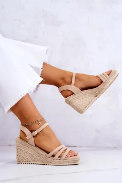 Online Zamszowe Sandałki Na Koturnie Beżowe Louisiana Damskie Sandały Na Koturnie