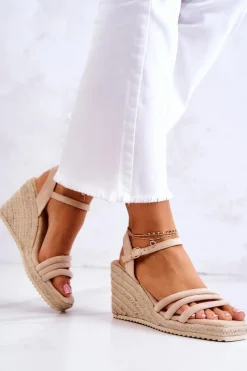 Online Zamszowe Sandałki Na Koturnie Beżowe Louisiana Damskie Sandały Na Koturnie