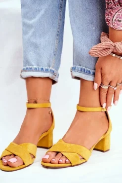 Sandały Na Obcasie>Boto Zamszowe Sandałki na Słupku Żółte Nela