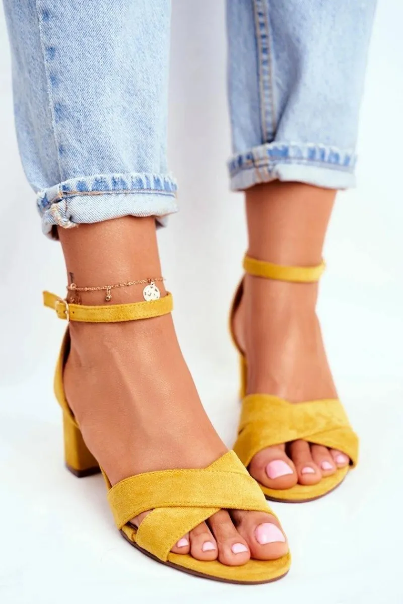Sandały Na Obcasie>Boto Zamszowe Sandałki na Słupku Żółte Nela