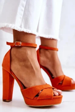 Sandały Na Obcasie>Boto Zamszowe Sandałki Na Słupku Pomarańczowe Lanelle