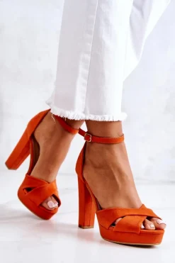 Sandały Na Obcasie>Boto Zamszowe Sandałki Na Słupku Pomarańczowe Lanelle