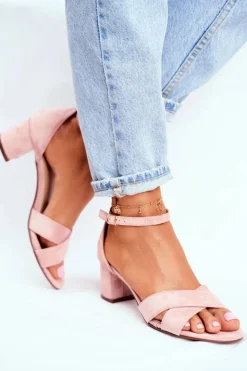 Best Boto Zamszowe Sandałki na Słupku Różowe Nela