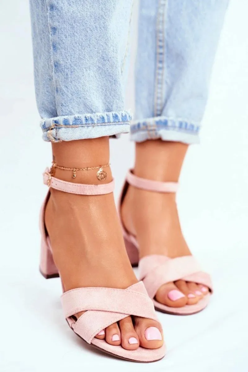 Best Boto Zamszowe Sandałki na Słupku Różowe Nela