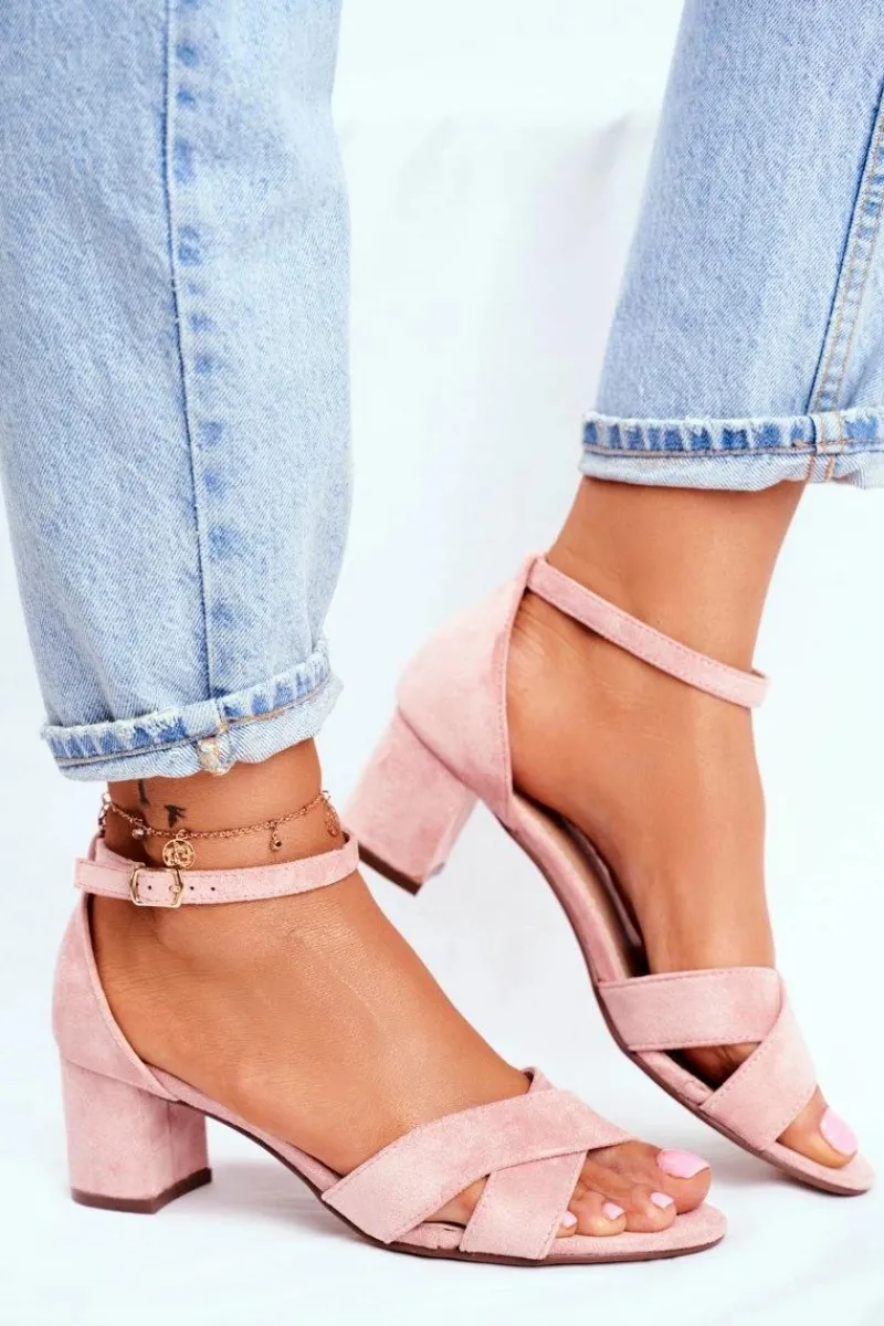 Best Boto Zamszowe Sandałki na Słupku Różowe Nela