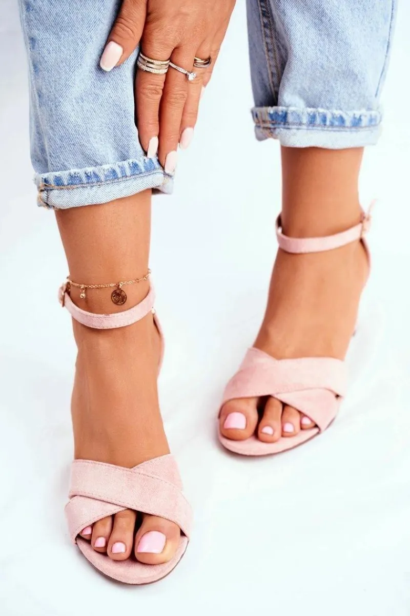 Best Boto Zamszowe Sandałki na Słupku Różowe Nela