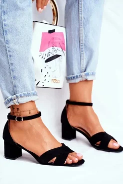 Boto Zamszowe Sandałki na Słupku Czarne Nela