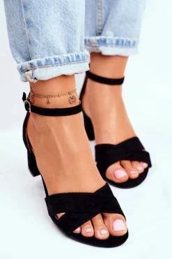 Boto Zamszowe Sandałki na Słupku Czarne Nela