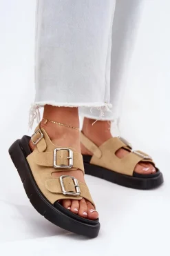 Sandały Big Star|Sandały Płaskie>Big Star Shoes Zamszowe Sandały Damskie Z Klamrami Big Star RR274665 Beżowe Beżowy