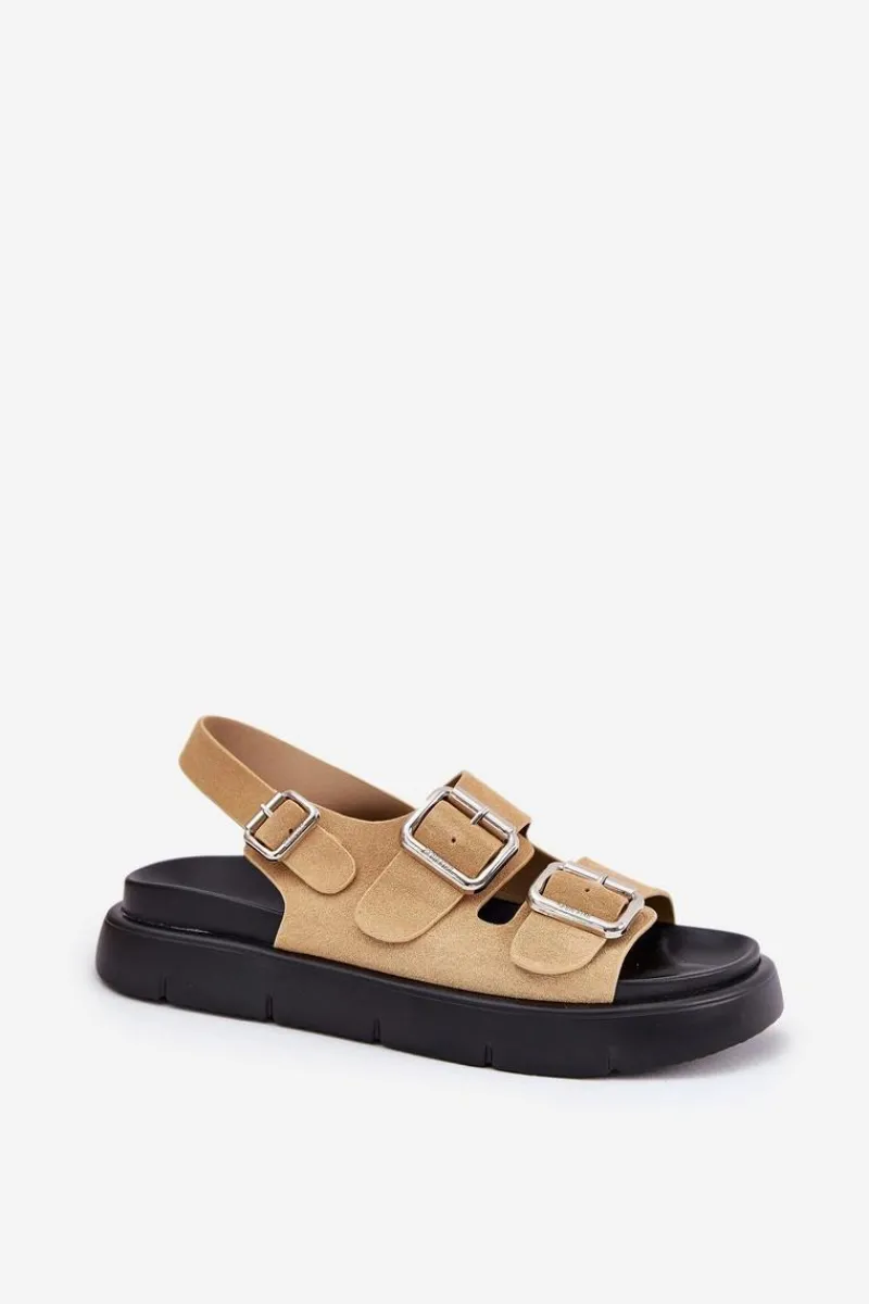 Sandały Big Star|Sandały Płaskie>Big Star Shoes Zamszowe Sandały Damskie Z Klamrami Big Star RR274665 Beżowe Beżowy