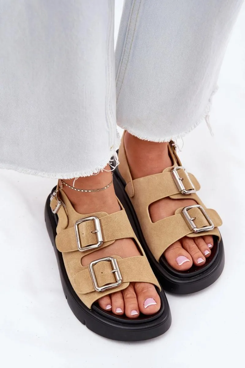 Sandały Big Star|Sandały Płaskie>Big Star Shoes Zamszowe Sandały Damskie Z Klamrami Big Star RR274665 Beżowe Beżowy