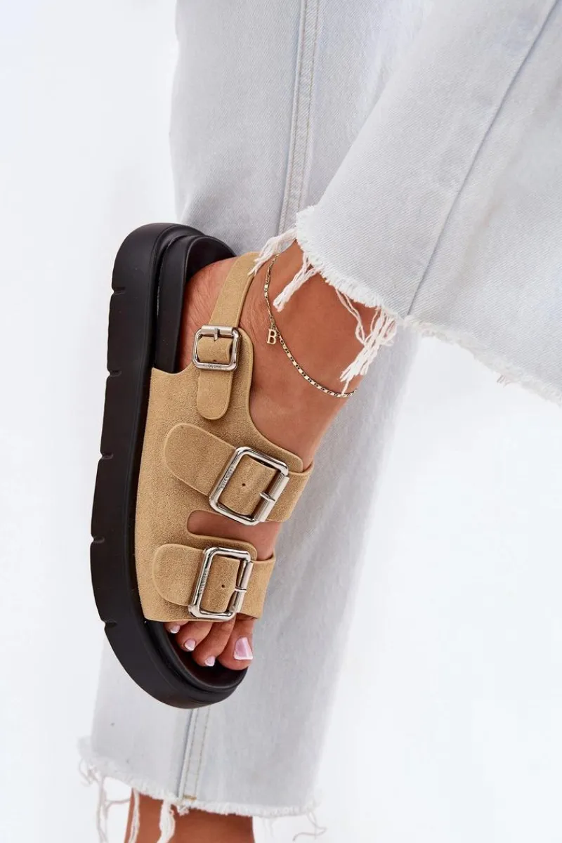 Sandały Big Star|Sandały Płaskie>Big Star Shoes Zamszowe Sandały Damskie Z Klamrami Big Star RR274665 Beżowe Beżowy