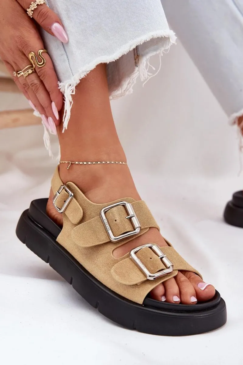 Sandały Big Star|Sandały Płaskie>Big Star Shoes Zamszowe Sandały Damskie Z Klamrami Big Star RR274665 Beżowe Beżowy