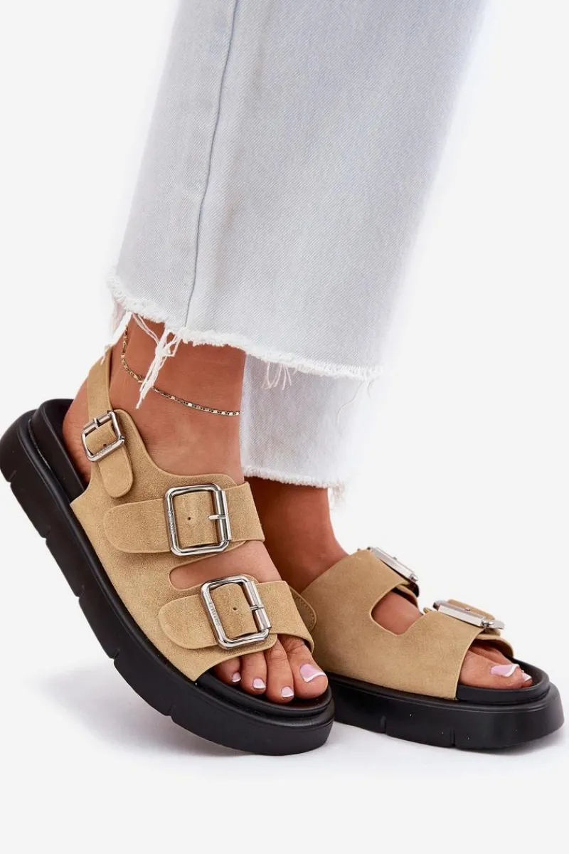 Sandały Big Star|Sandały Płaskie>Big Star Shoes Zamszowe Sandały Damskie Z Klamrami Big Star RR274665 Beżowe Beżowy