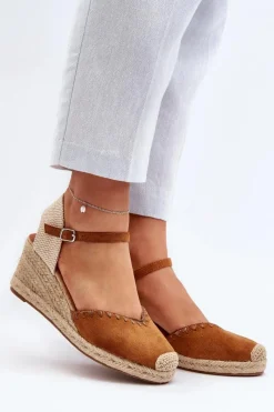 Clearance Zamszowe Sandały Espadryle Na Koturnie Z Plecionką Camel Raylin Damskie Sandały Na Koturnie