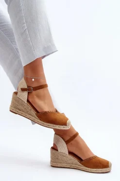 Clearance Zamszowe Sandały Espadryle Na Koturnie Z Plecionką Camel Raylin Damskie Sandały Na Koturnie